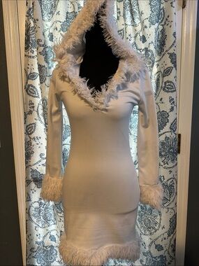 Faux-Fur Trim Hooded Bodycon Dress in Cream